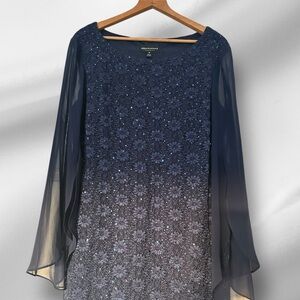 Connected Apparel, Classy and Elegant Navy Sequin Lace Dress with Sheer Sleeves